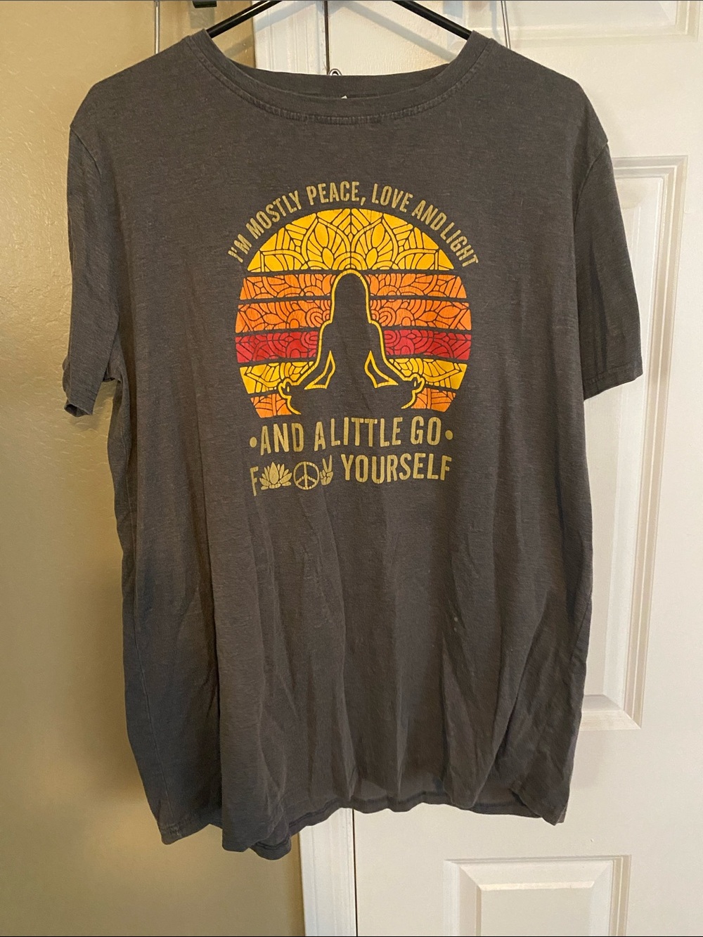 Women’s Graphic T-Shirt - Charcoal with Yellow & Orange Meditation Print
